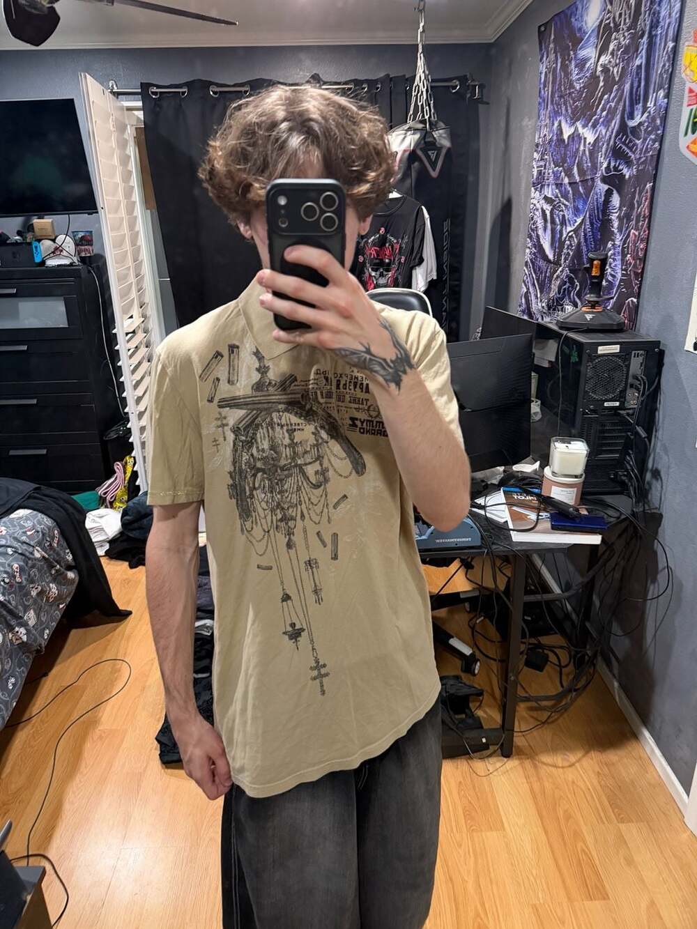 Jimmy'z Brand Tan Graphic Polo Shirt with Chandelier and Gun Print